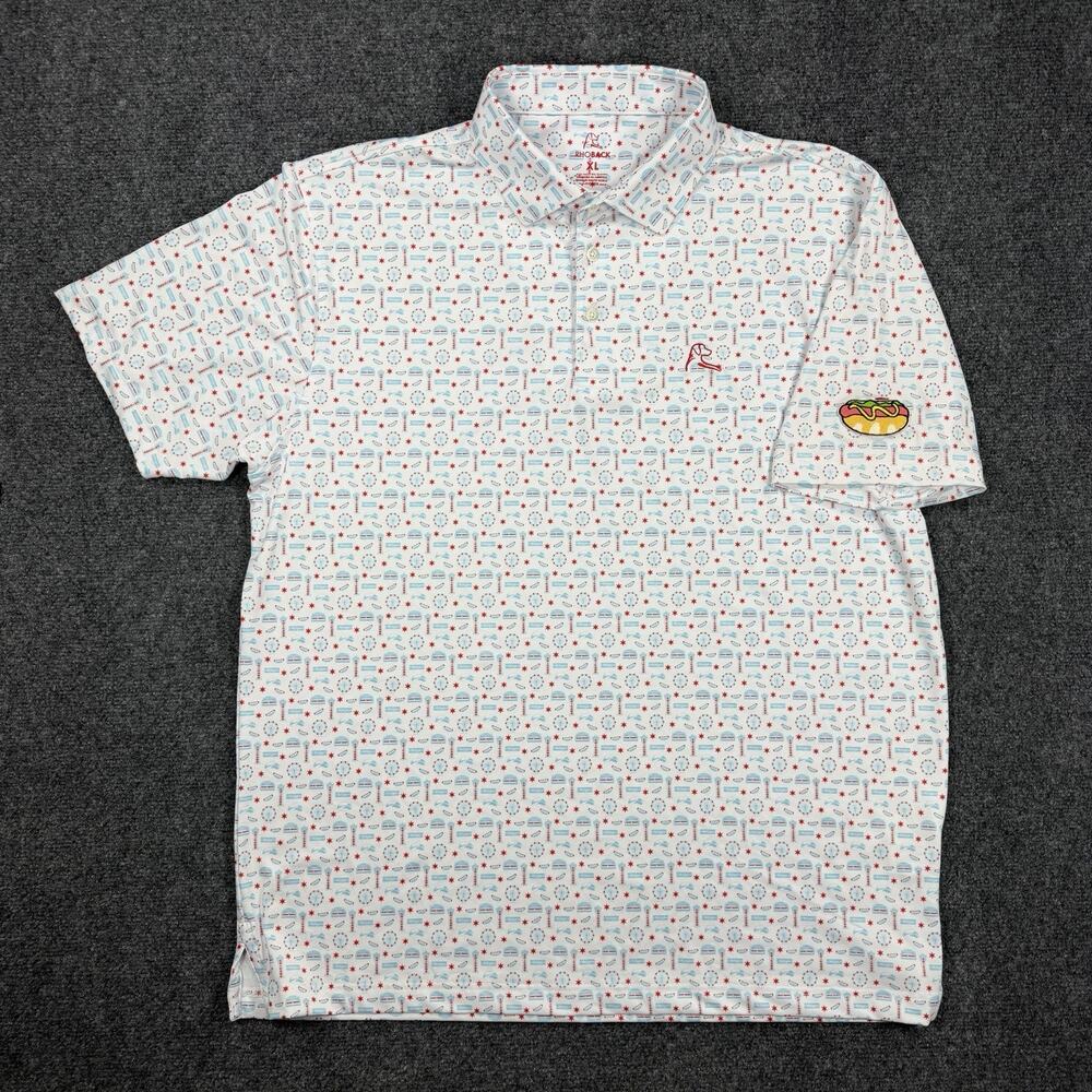 Rhoback Chicago Hot Dog Performance Golf Polo Men’s XL White Red Blue Shirt - Picture 2 of 11